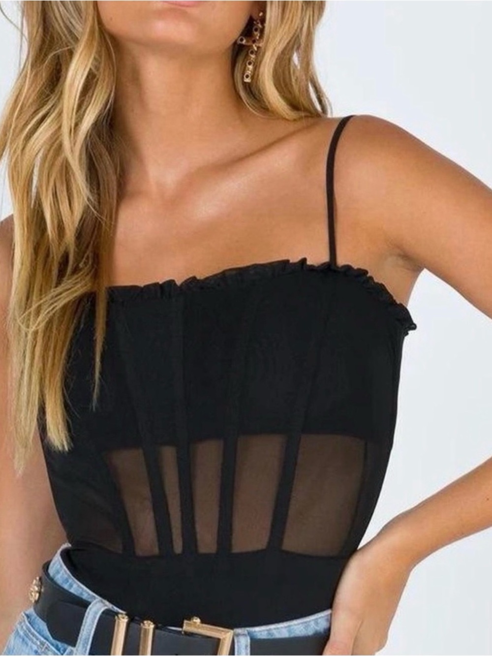 Black Sheer Panel Spaghetti Strap Top -  Women Princess Polly - Cartia Bodysuit